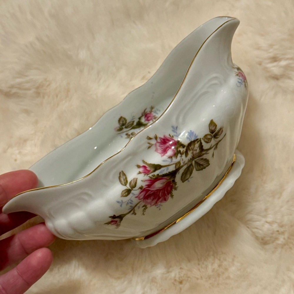 Vintage Royal Rose Fine China of Japan's Moss Rose pattern Gravy Dish.